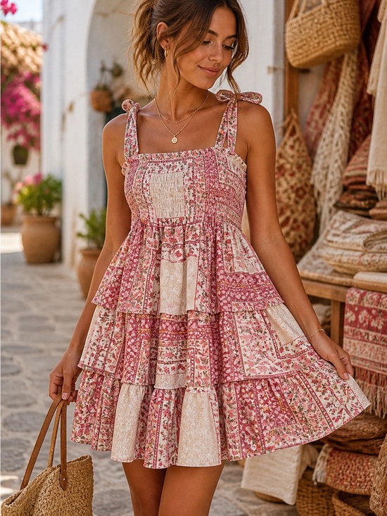 American Eagle Outfitters Dresses & Skirts - American Eagle Patchwork Tiered Sundress | Y2K Boho Cottagecore Pink Cream